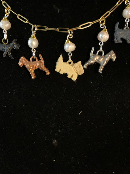 Vintage Scottie Dog Charm Necklace | Freshwater Pearls | Adjustable 17–18.5 Inch Gold Paperclip Chain