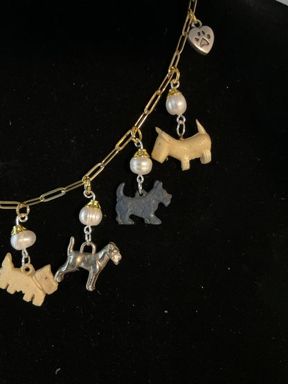 Vintage Scottie Dog Charm Necklace | Freshwater Pearls | Adjustable 17–18.5 Inch Gold Paperclip Chain