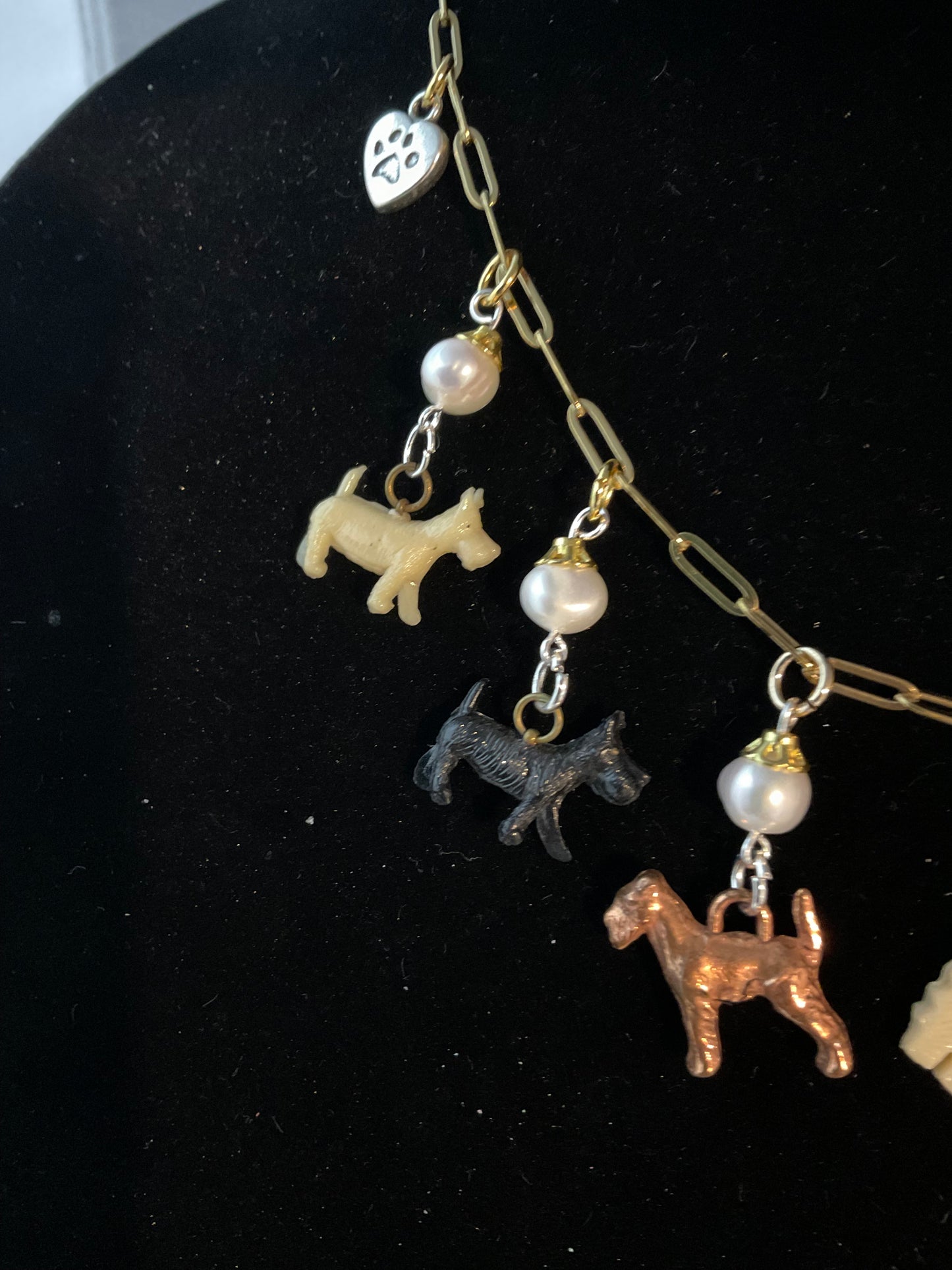 Vintage Scottie Dog Charm Necklace | Freshwater Pearls | Adjustable 17–18.5 Inch Gold Paperclip Chain