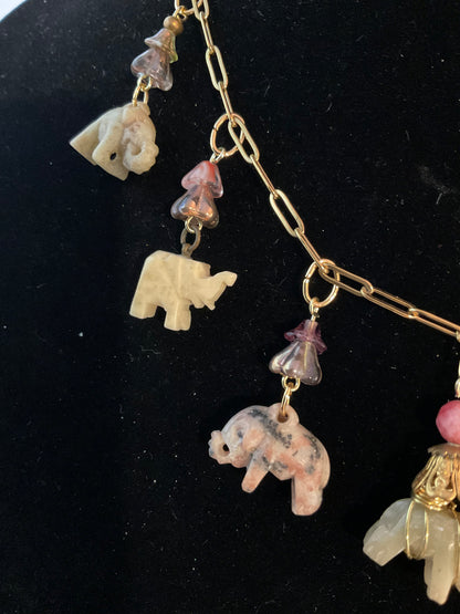 Vintage Elephant Parade Necklace – Hand-Carved Elephant Charms & Czech Glass
