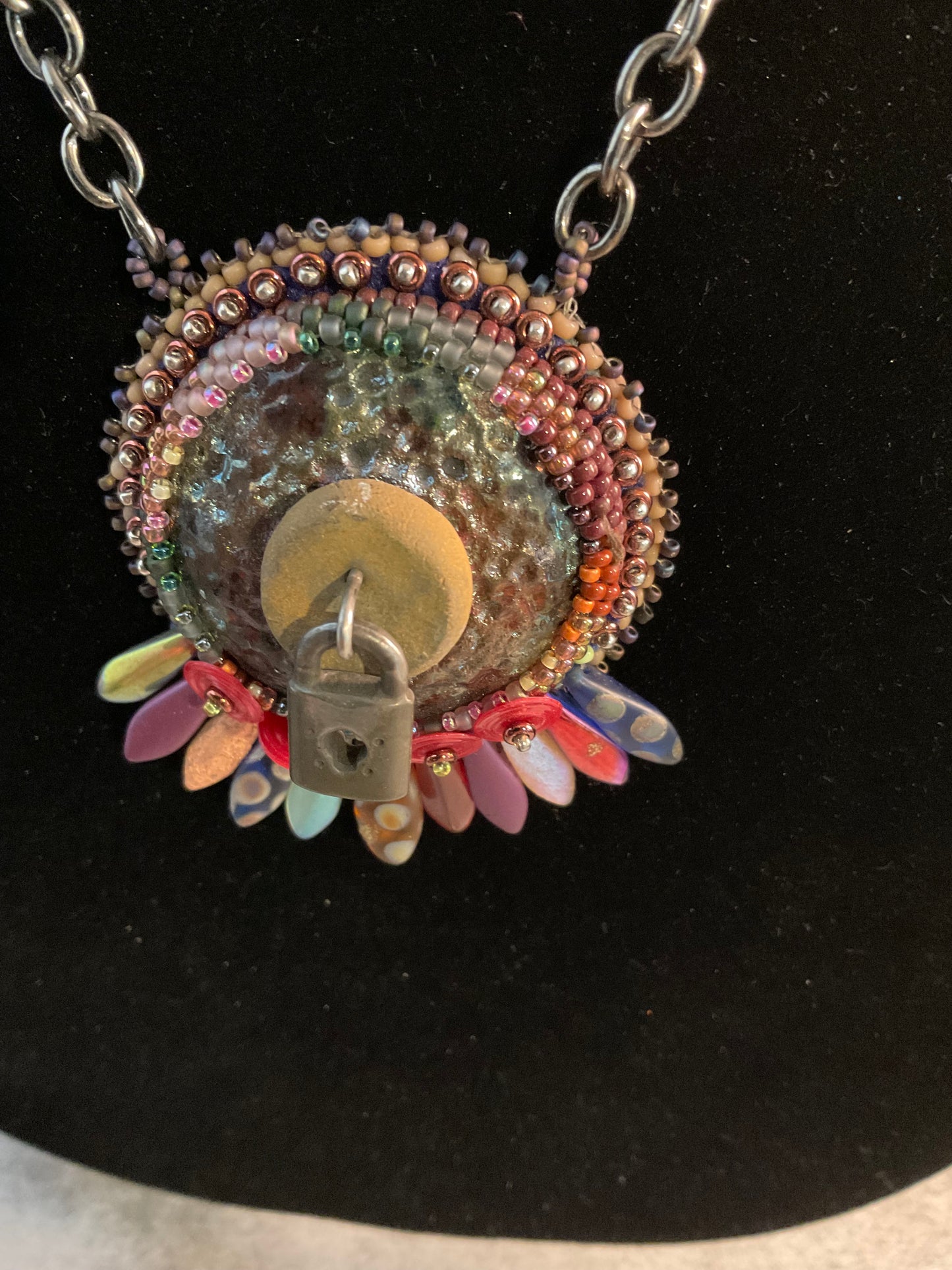 Keeper of the Secrets Handmade Necklace | Raku Clay Dagger Beads, Skeleton Keys & Padlock