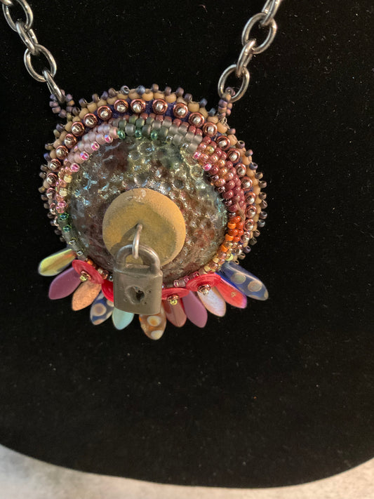 Keeper of the Secrets Handmade Necklace | Raku Clay Dagger Beads, Skeleton Keys & Padlock