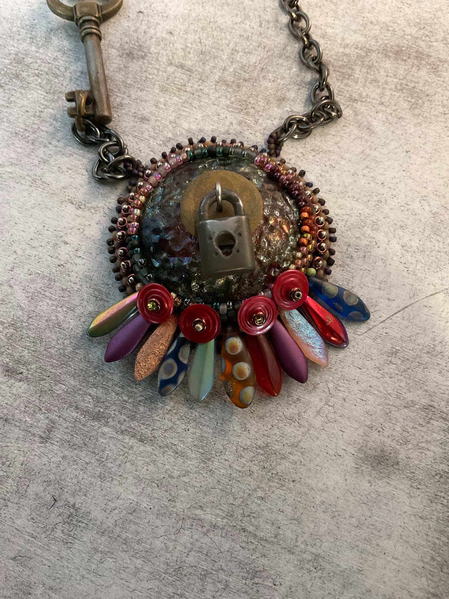 Keeper of the Secrets Handmade Necklace | Raku Clay Dagger Beads, Skeleton Keys & Padlock
