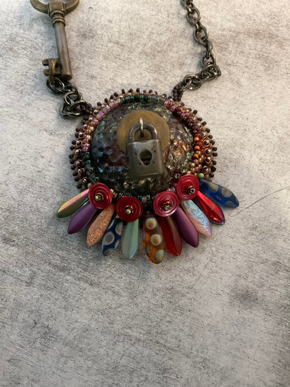 Keeper of the Secrets Handmade Necklace | Raku Clay Dagger Beads, Skeleton Keys & Padlock