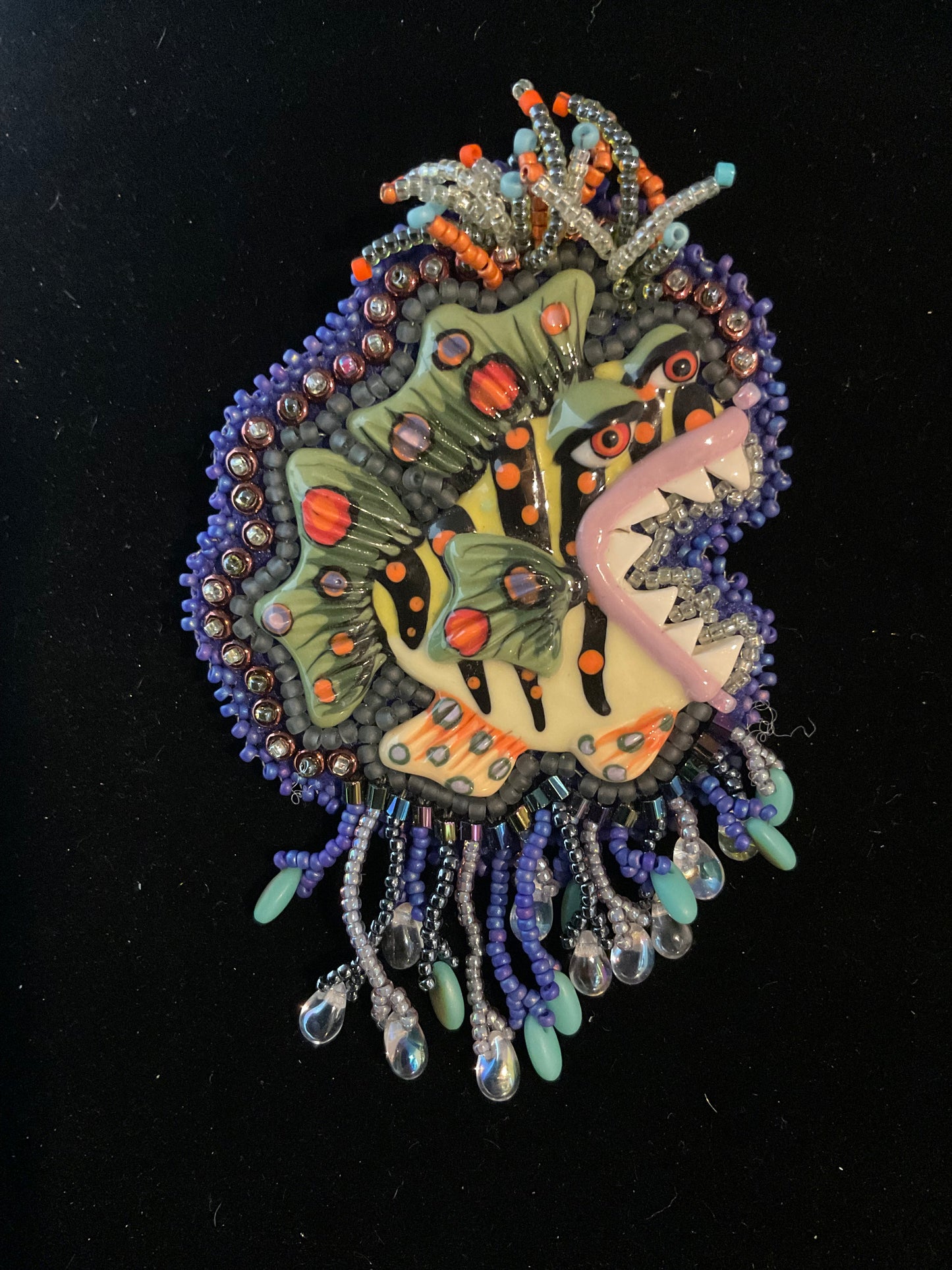 Handmade Ceramic Fish Brooch | Bead Embroidered Artisan Pin with Leather Back