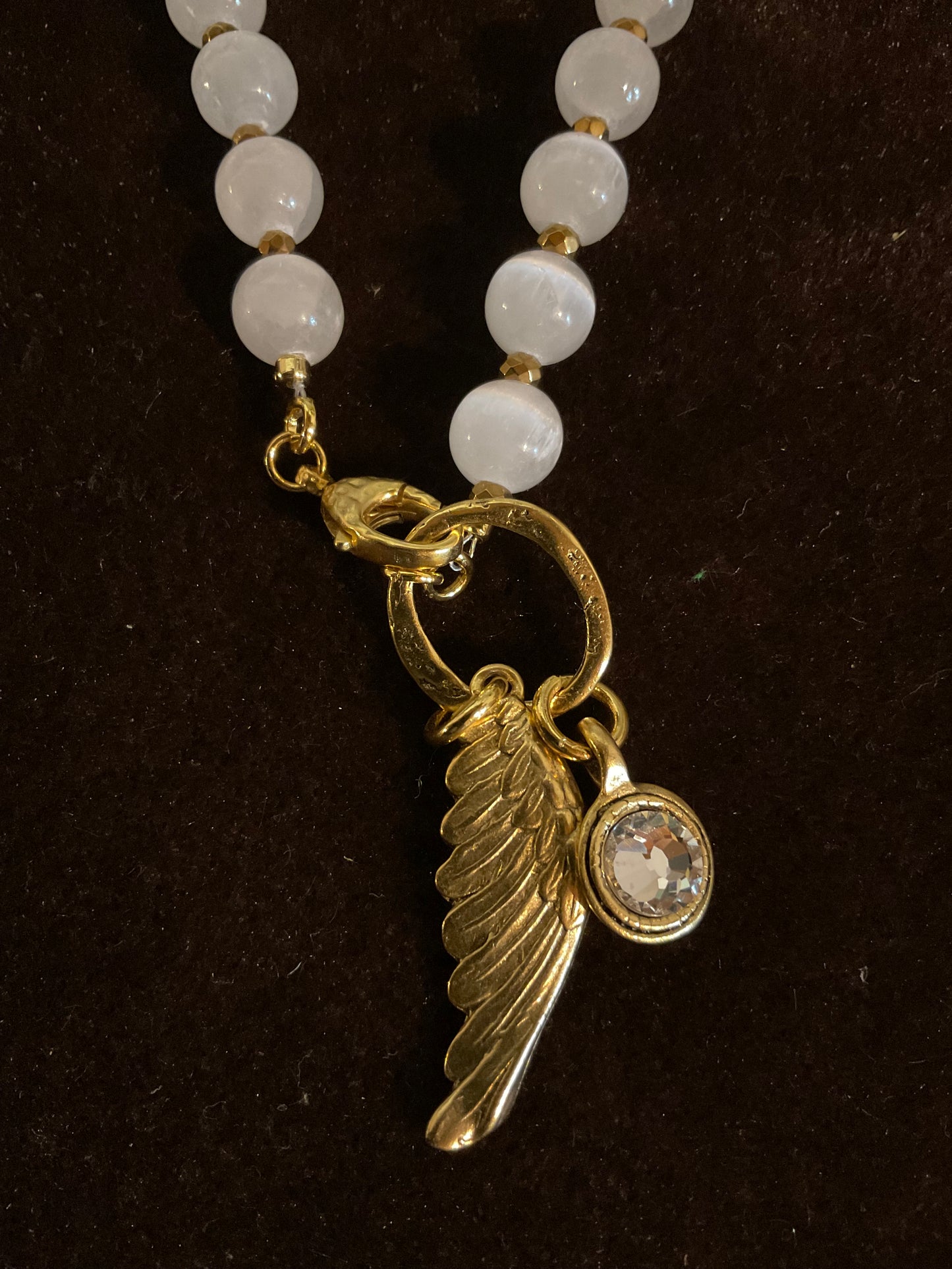 17” Selenite Necklace with Gold-Plated Angel Wing & Swarovski Crystal
