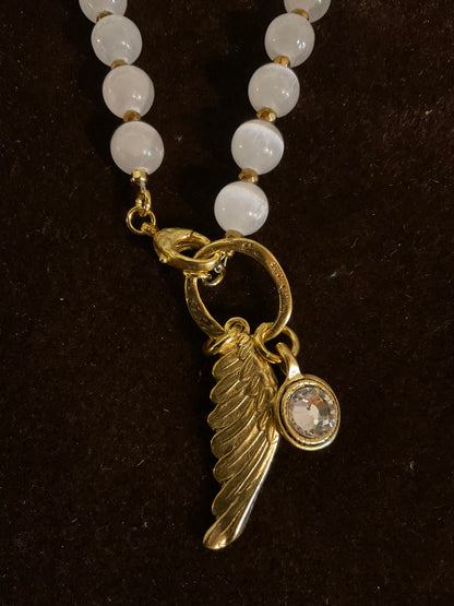 17” Selenite Necklace with Gold-Plated Angel Wing & Swarovski Crystal