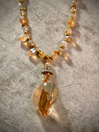 Handmade Deerskin Leather Necklace with Swarovski Crystal Pendant & Amber Crystal Accent
