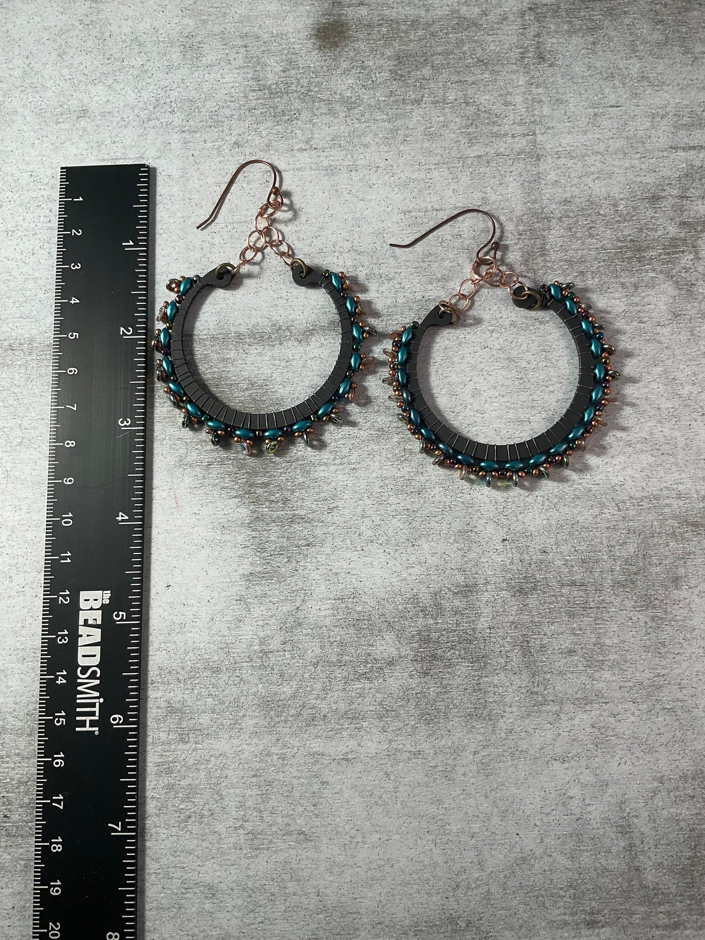 Handmade Peacock Blue Beaded Hoop Earrings | Copper & Matte Black Statement Earrings