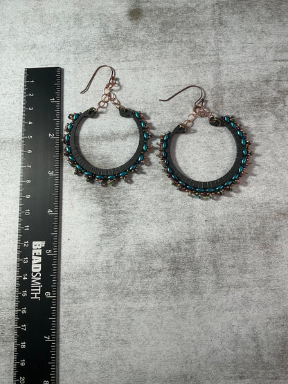 Handmade Peacock Blue Beaded Hoop Earrings | Copper & Matte Black Statement Earrings