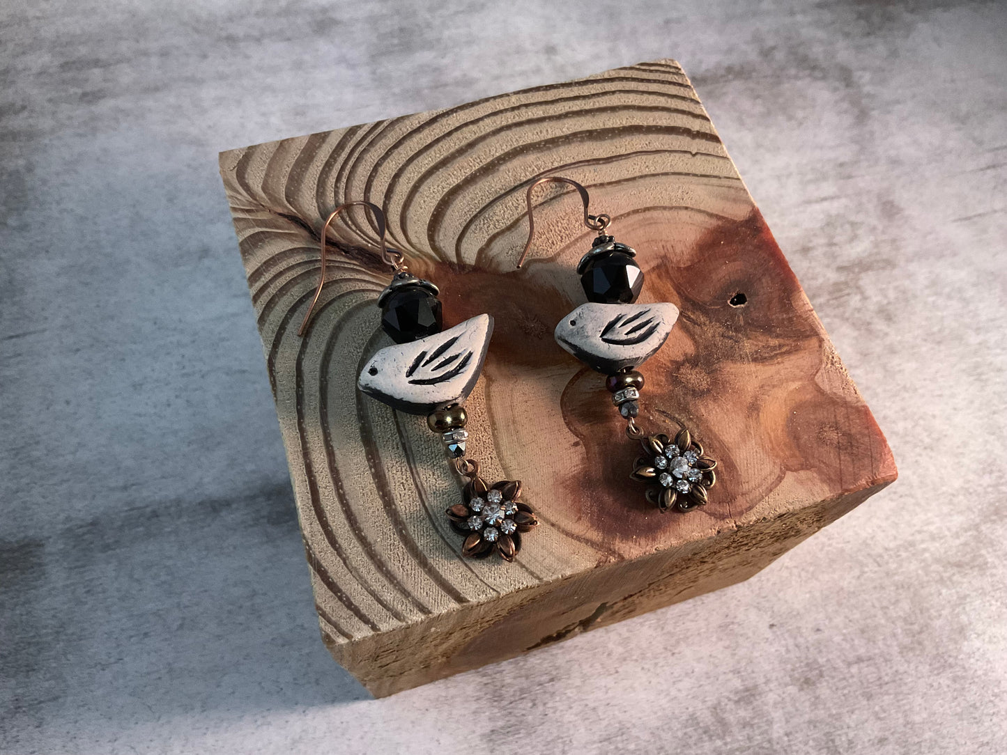 Handmade Swarovski Crystal Bird Earrings | Clay Bird Dangle Earrings with Rhinestone Flowers