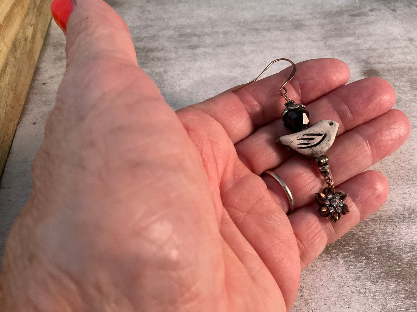 Handmade Swarovski Crystal Bird Earrings | Clay Bird Dangle Earrings with Rhinestone Flowers