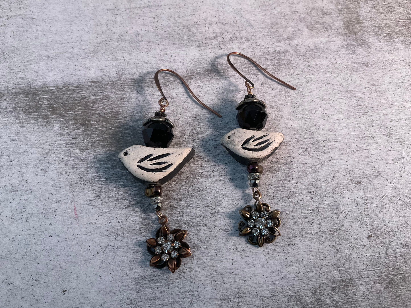 Handmade Swarovski Crystal Bird Earrings | Clay Bird Dangle Earrings with Rhinestone Flowers