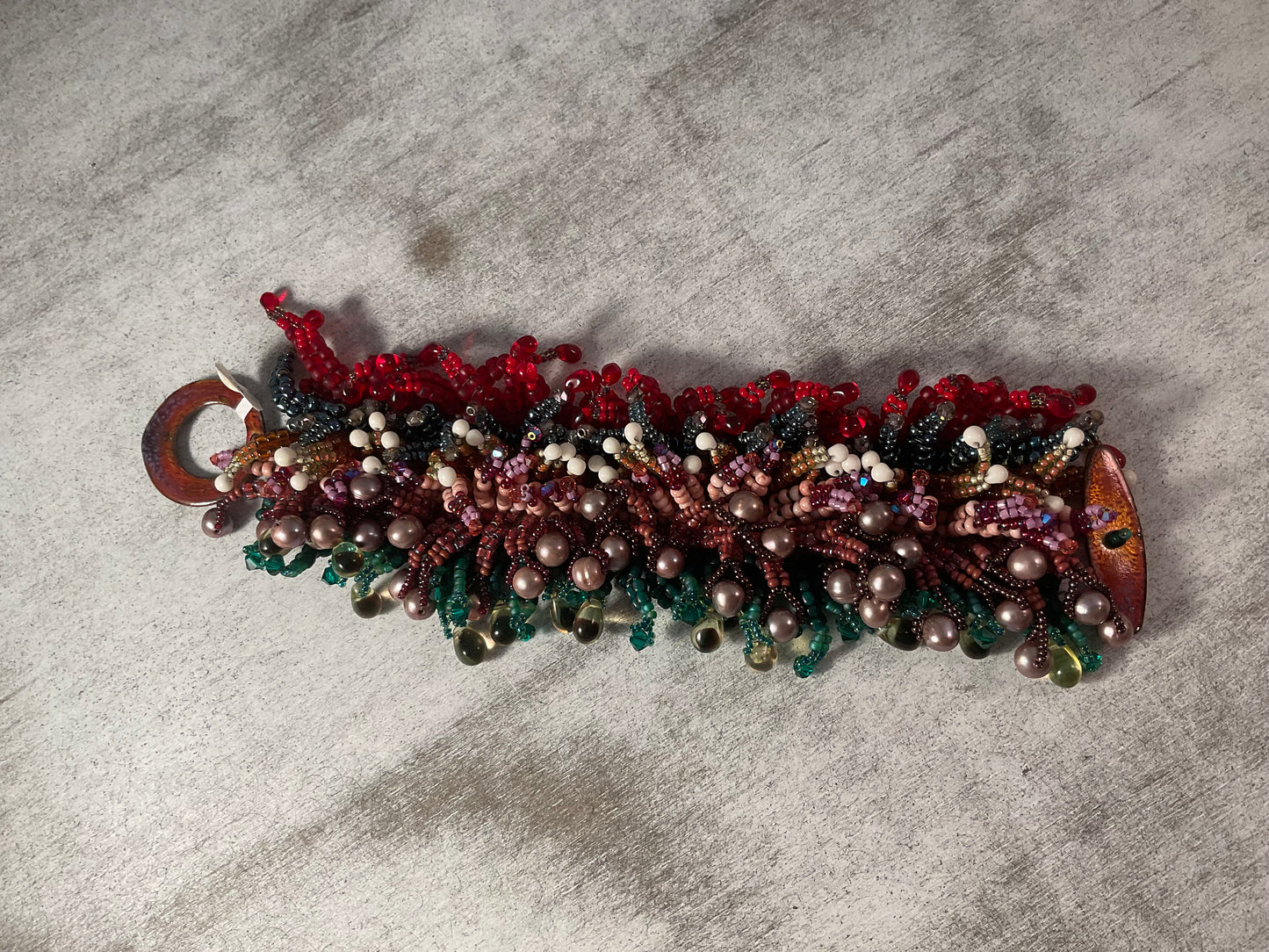 Luxury Handwoven Herringbone Beaded Bracelet with Pearls, Crystals & Copper Clasp – 7.5 Inch Statement Cuff