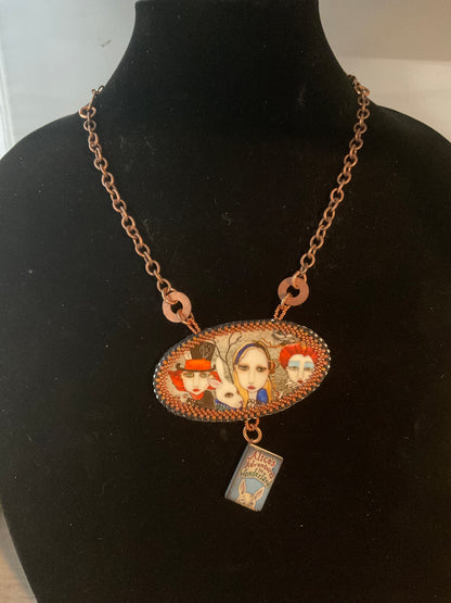Hand Beaded Alice in Wonderland Necklace – Mad Hatter, White Rabbit & Queen of Hearts – 18 Inch Copper Chain