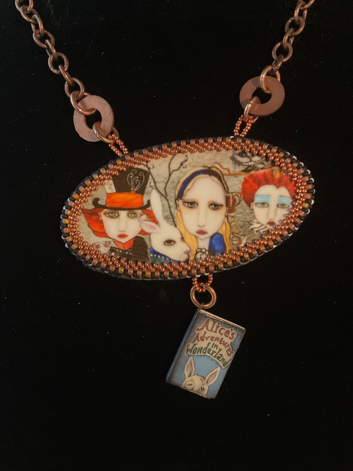 Hand Beaded Alice in Wonderland Necklace – Mad Hatter, White Rabbit & Queen of Hearts – 18 Inch Copper Chain