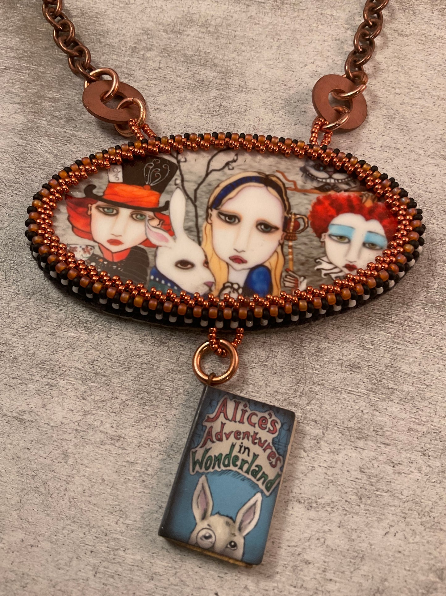 Hand Beaded Alice in Wonderland Necklace – Mad Hatter, White Rabbit & Queen of Hearts – 18 Inch Copper Chain