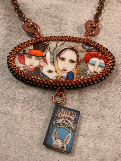 Hand Beaded Alice in Wonderland Necklace – Mad Hatter, White Rabbit & Queen of Hearts – 18 Inch Copper Chain