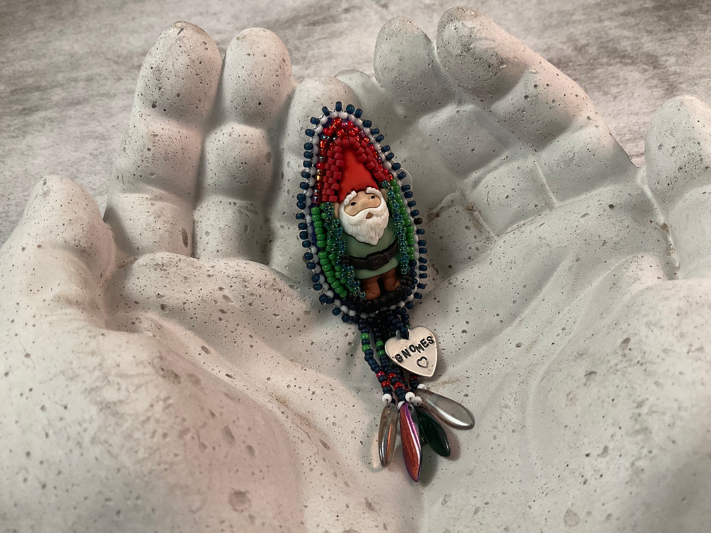 Hand Bead Embroidered Gnome Pin with Dagger Bead Fringe & Hand-Stamped Heart Charm