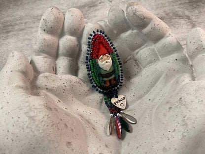 Hand Bead Embroidered Gnome Pin with Dagger Bead Fringe & Hand-Stamped Heart Charm