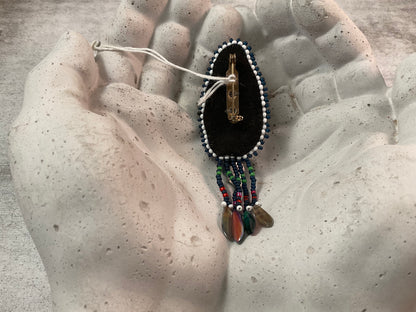Hand Bead Embroidered Gnome Pin with Dagger Bead Fringe & Hand-Stamped Heart Charm
