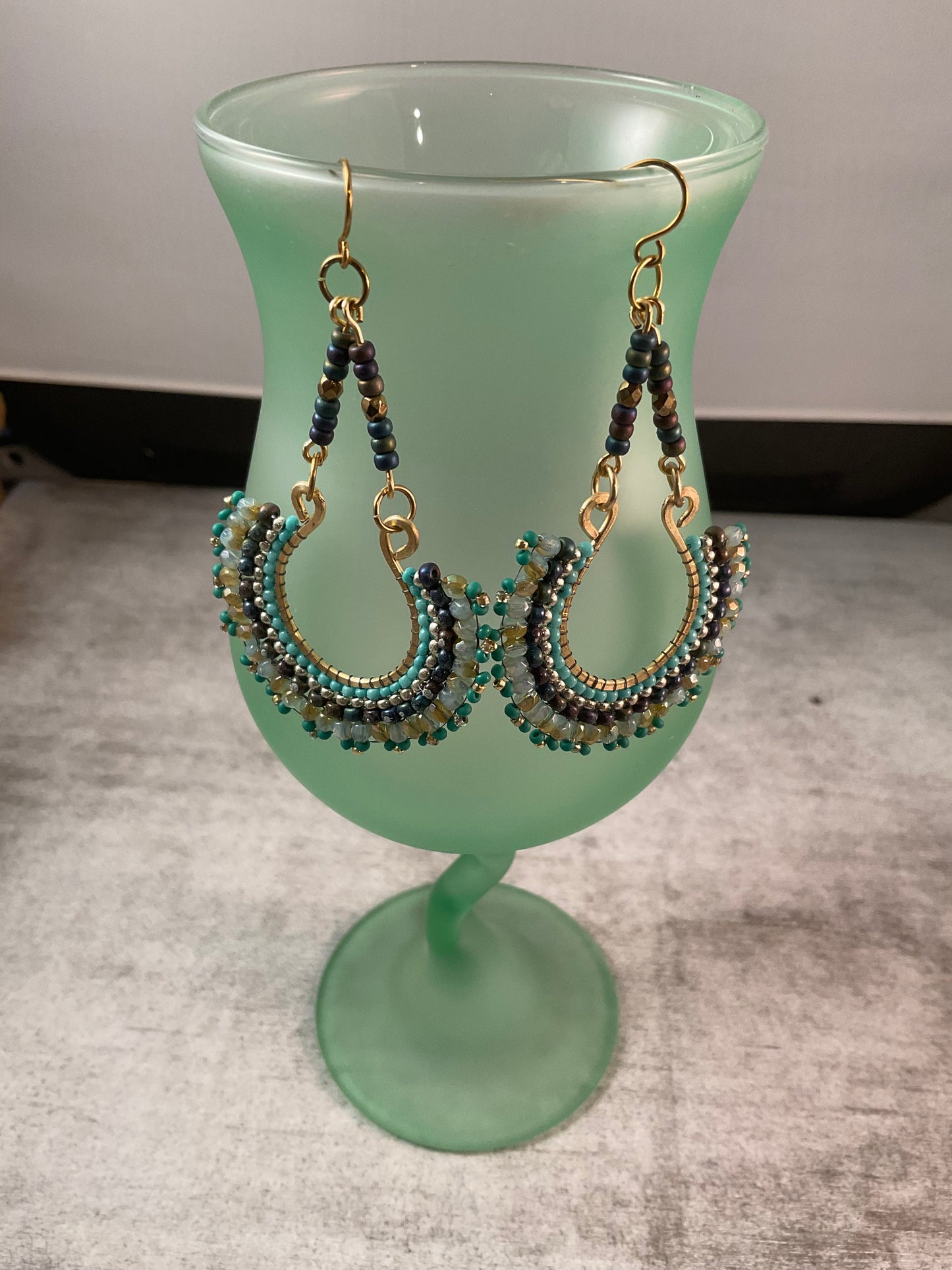 Hand-Pounded Wire Hoop Earrings with Czech Glass & Seed Beads | Boho Statement Earrings