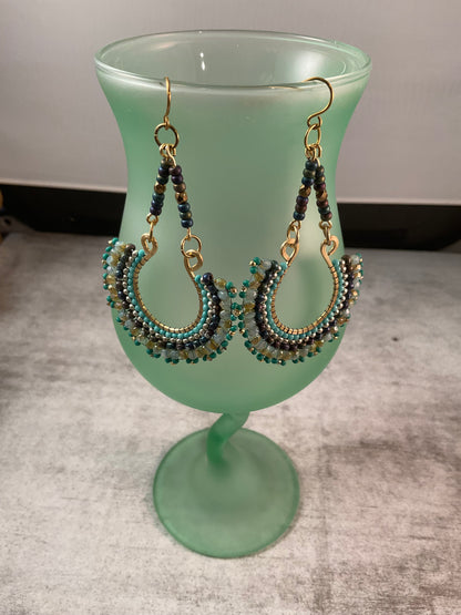 Hand-Pounded Wire Hoop Earrings with Czech Glass & Seed Beads | Boho Statement Earrings