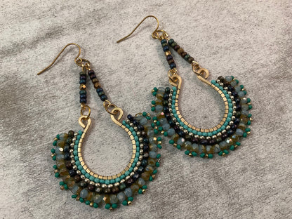 Hand-Pounded Wire Hoop Earrings with Czech Glass & Seed Beads | Boho Statement Earrings