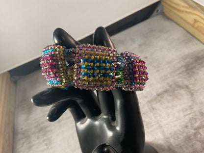 Hand Beaded Right Angle Weave Bracelet with Crystal Squares – Multicolor Statement Bracelet