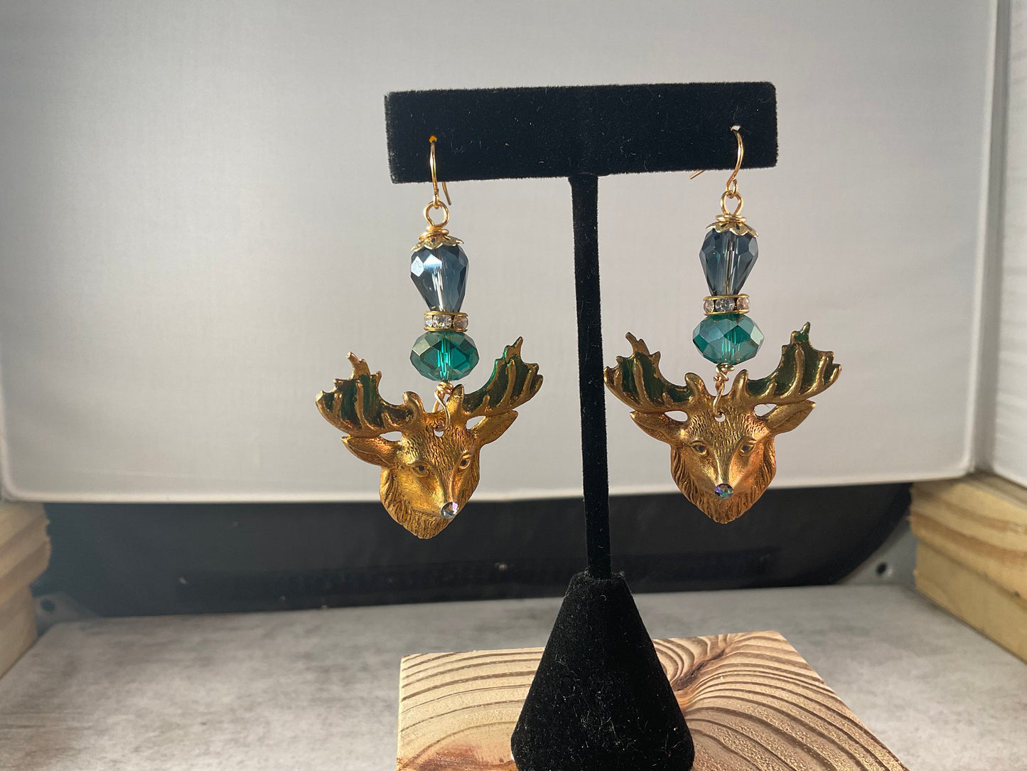 Brass Deer Earrings with Crystal Beads – 2.5 Inch Rustic Dangle Earrings