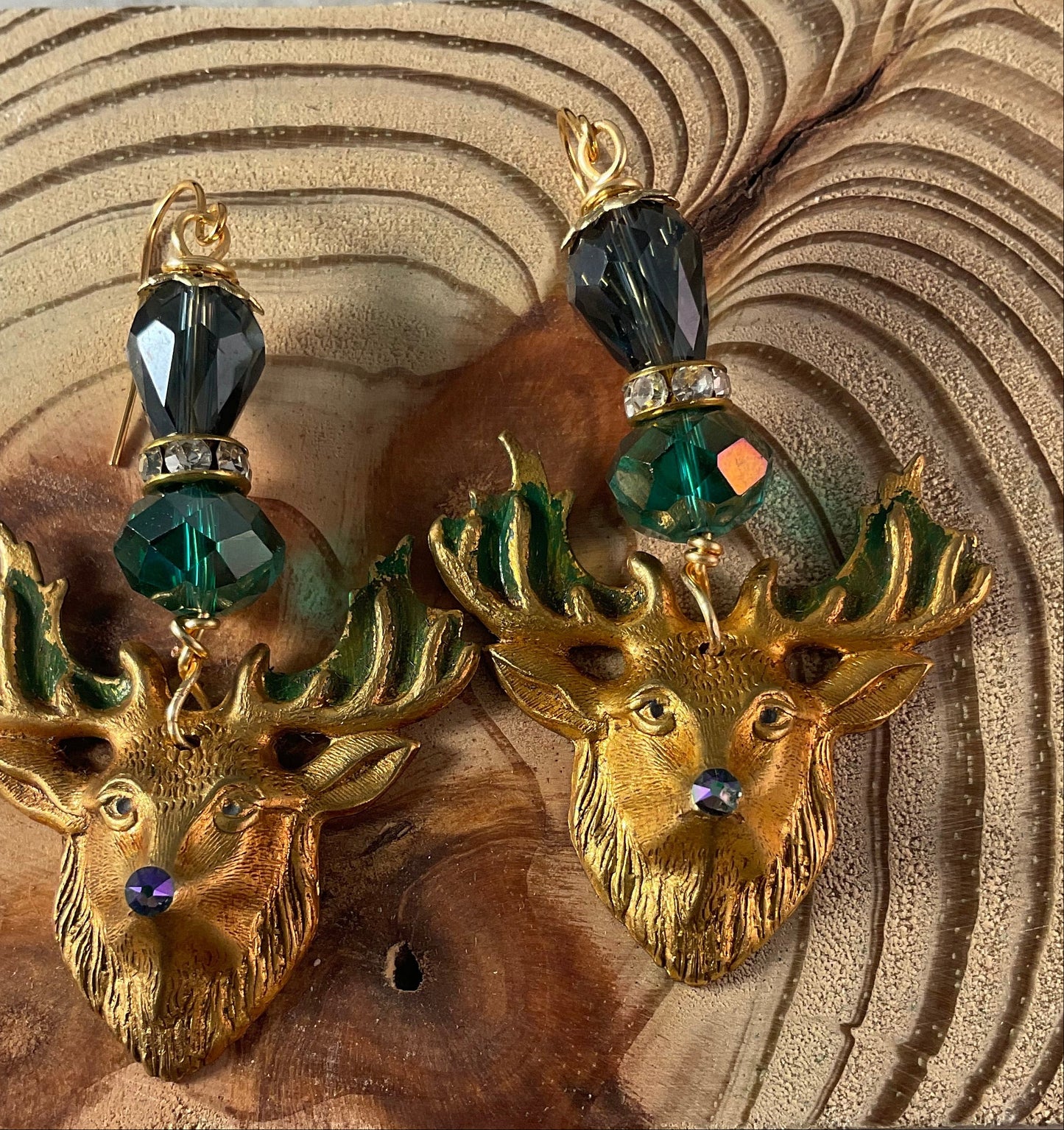 Brass Deer Earrings with Crystal Beads – 2.5 Inch Rustic Dangle Earrings