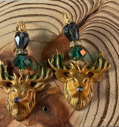Brass Deer Earrings with Crystal Beads – 2.5 Inch Rustic Dangle Earrings