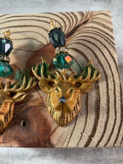 Brass Deer Earrings with Crystal Beads – 2.5 Inch Rustic Dangle Earrings