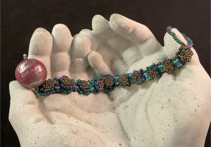 Vintage Howdy Grape Button Beaded Bracelet – Turquoise Floral Seed Bead Bracelet