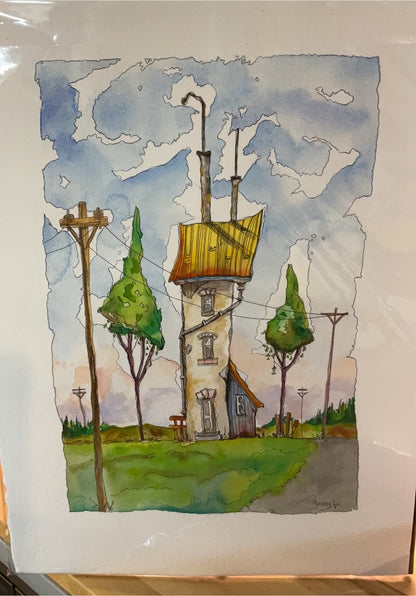 Where the Wires Meet the Sky House – Whimsical Country Watercolor Pen & Ink Painting 11 x 15
