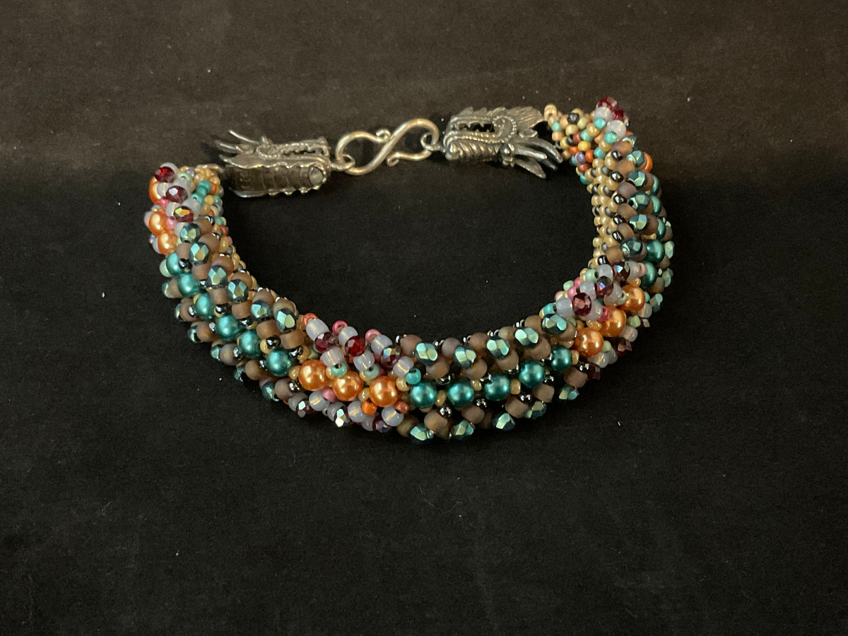 Hand-Beaded Right Angle Weave Bracelet with Crystals, Pearls & Dragon Clasp