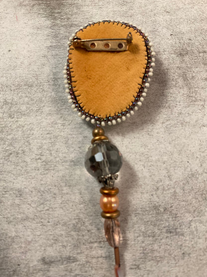 Hand Beaded Carved Ivory Skull Brooch with Vintage Crystal & Leather Backing