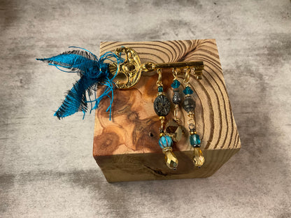 3” Gold-Plated Key Brooch Pin with Czech Glass, Swarovski Butterfly & Beaded Fringe