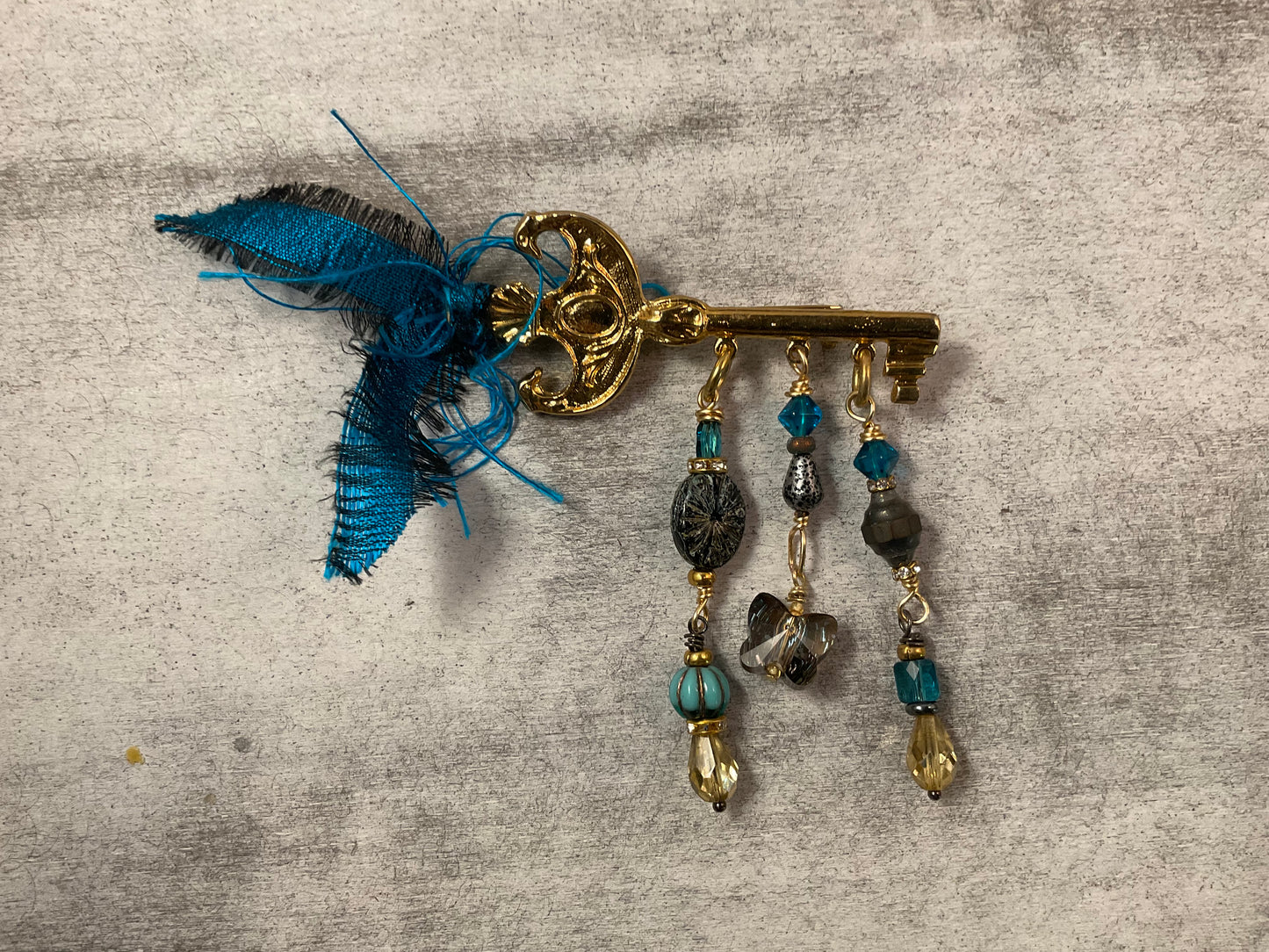 3” Gold-Plated Key Brooch Pin with Czech Glass, Swarovski Butterfly & Beaded Fringe