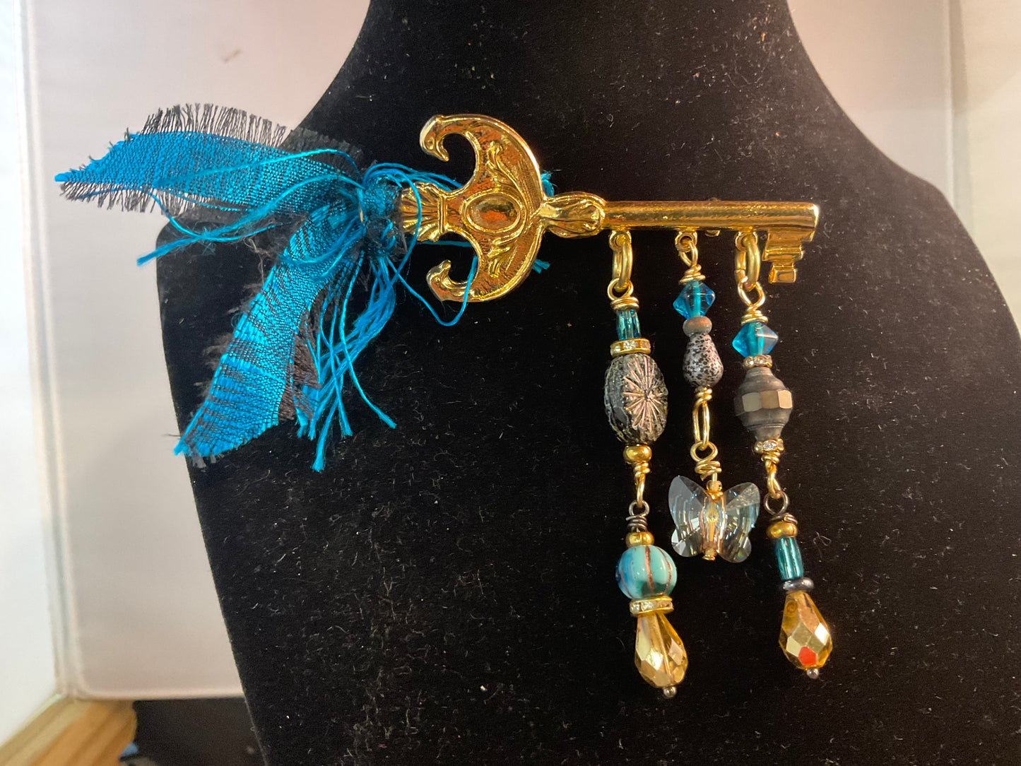 3” Gold-Plated Key Brooch Pin with Czech Glass, Swarovski Butterfly & Beaded Fringe
