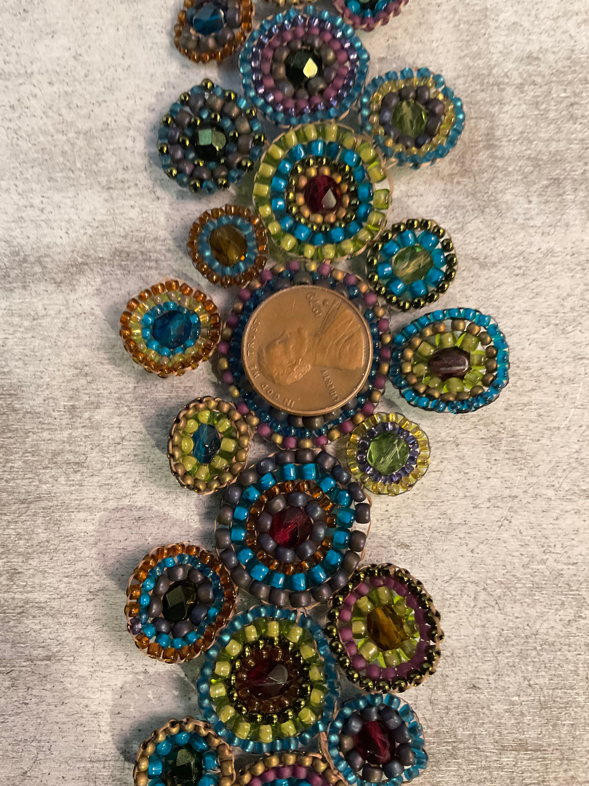 Hand Beaded Penny Bracelet with Domed Coins, Czech Glass & Crystal Beads