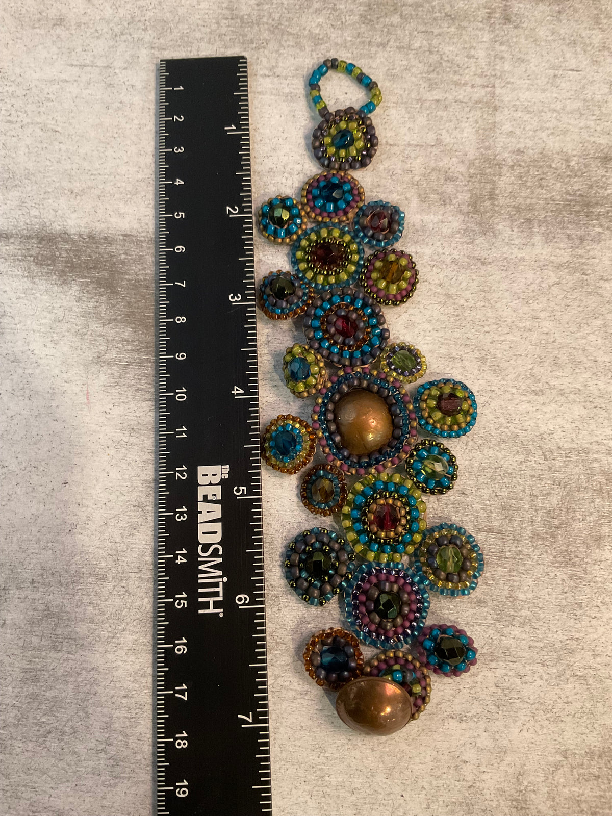 Hand Beaded Penny Bracelet with Domed Coins, Czech Glass & Crystal Beads