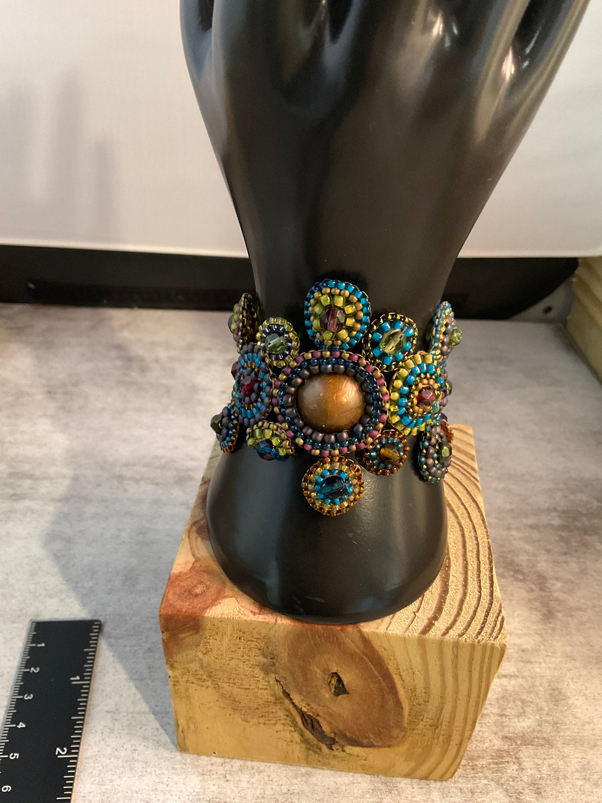 Hand Beaded Penny Bracelet with Domed Coins, Czech Glass & Crystal Beads