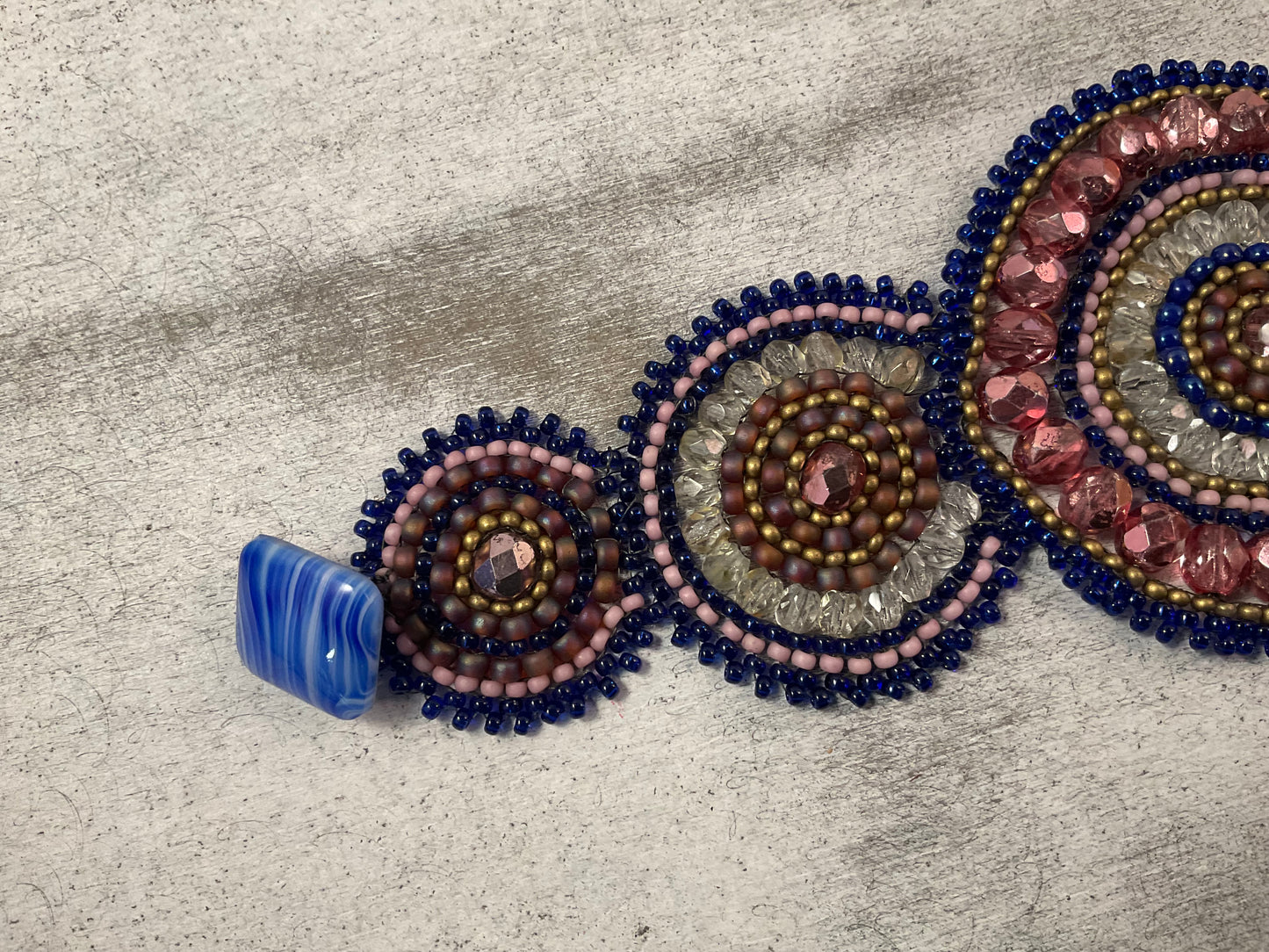 8” Hand Beaded Mandala Bracelet with Czechoslovakian Glass Beads & Button Closure