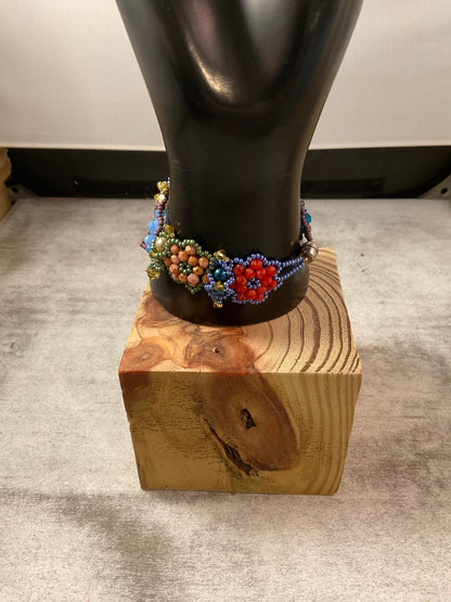 Colorful Handmade Floral Beaded Bracelet with Czech Glass, Crystals & Seed Beads