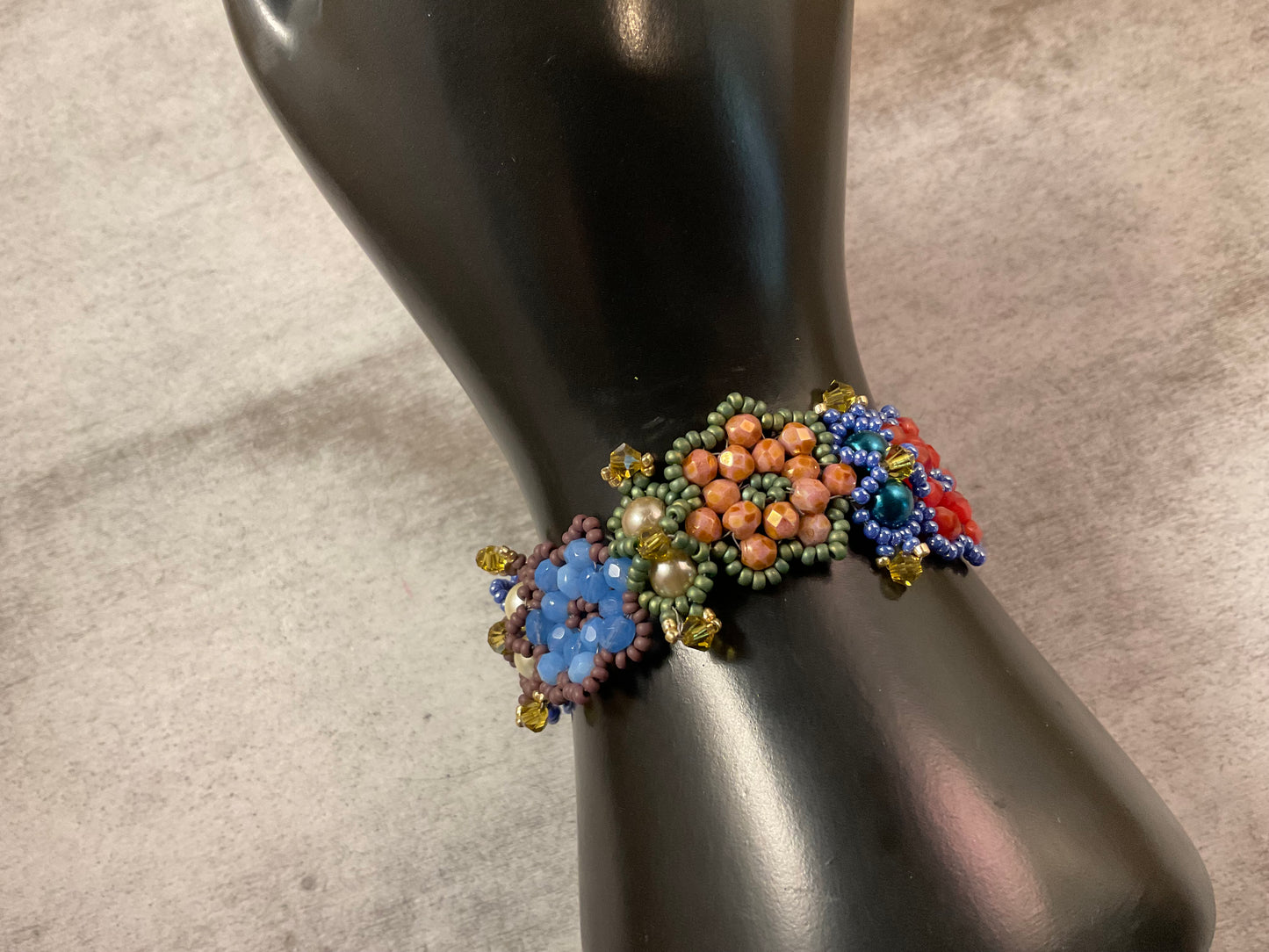 Colorful Handmade Floral Beaded Bracelet with Czech Glass, Crystals & Seed Beads