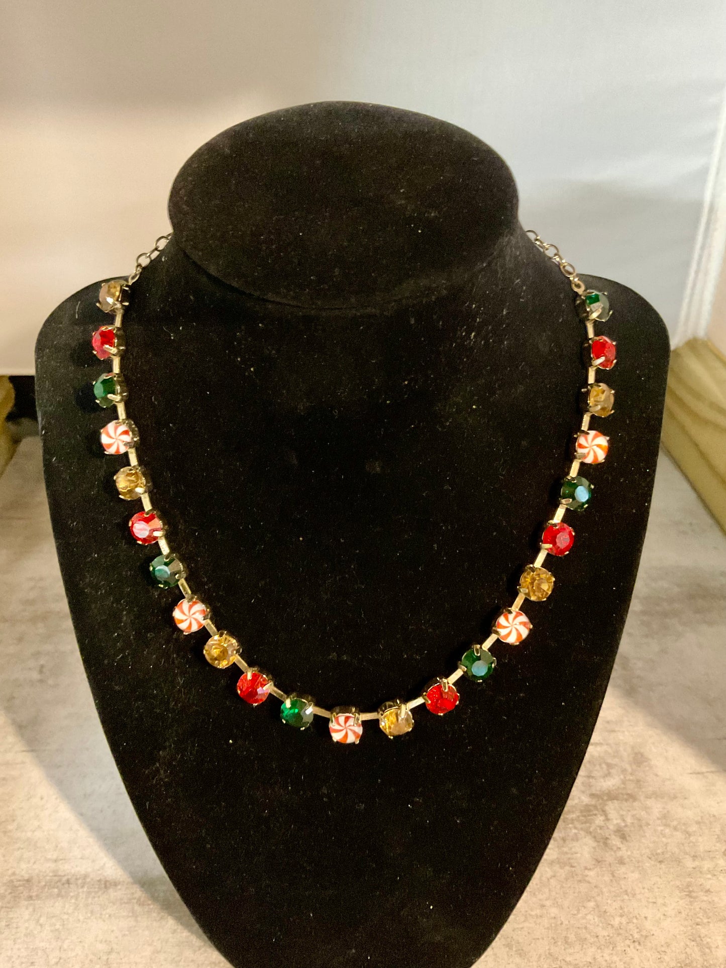 Handmade Christmas Crystal Necklace with Peppermint Candy Beads – Adjustable 16–20”