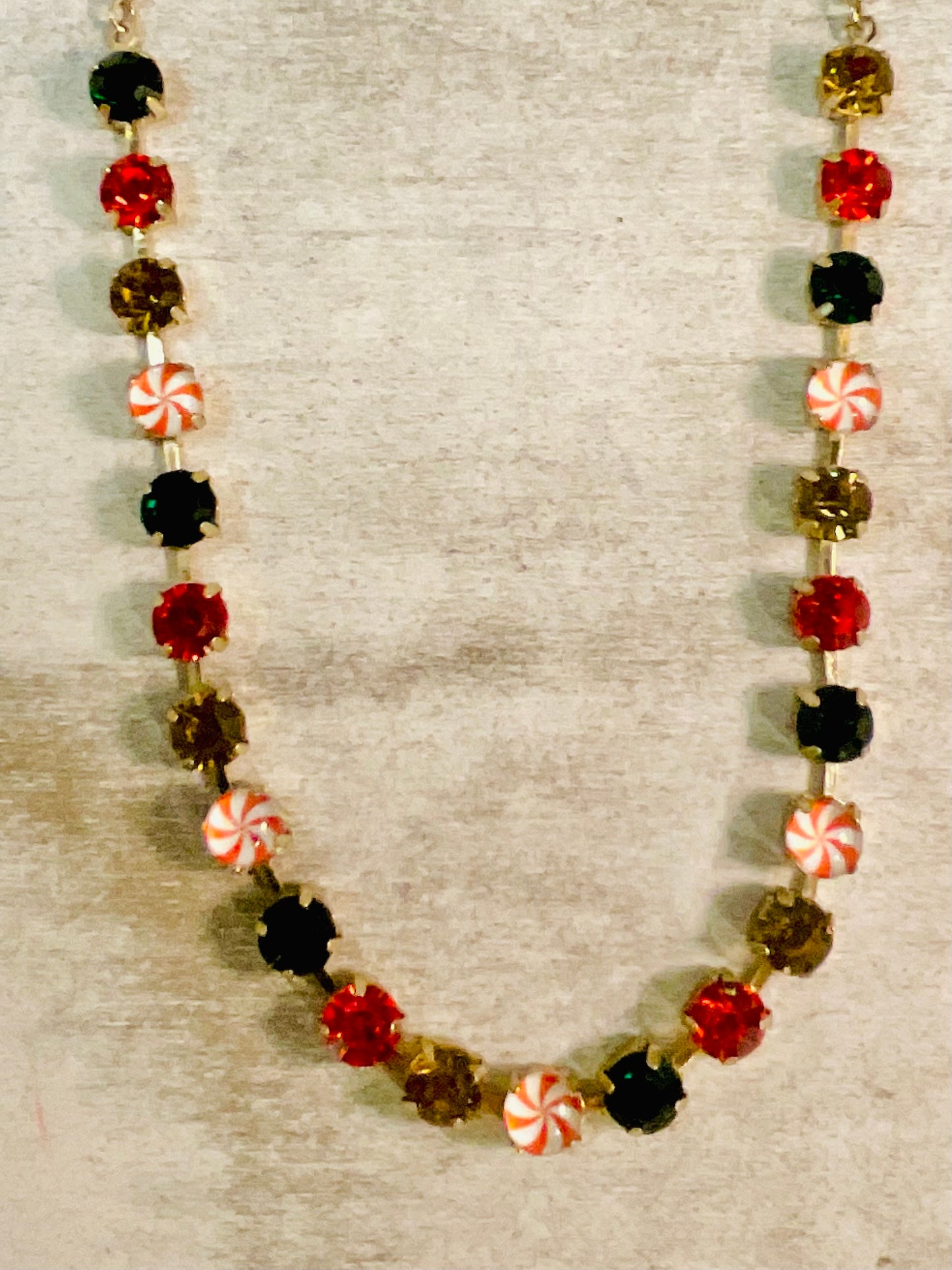 Handmade Christmas Crystal Necklace with Peppermint Candy Beads – Adjustable 16–20”