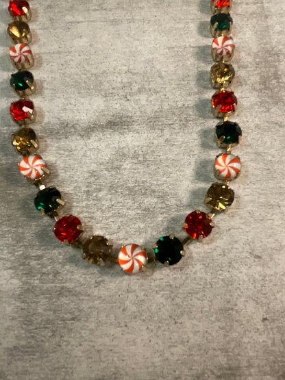Handmade Christmas Crystal Necklace with Peppermint Candy Beads – Adjustable 16–20”