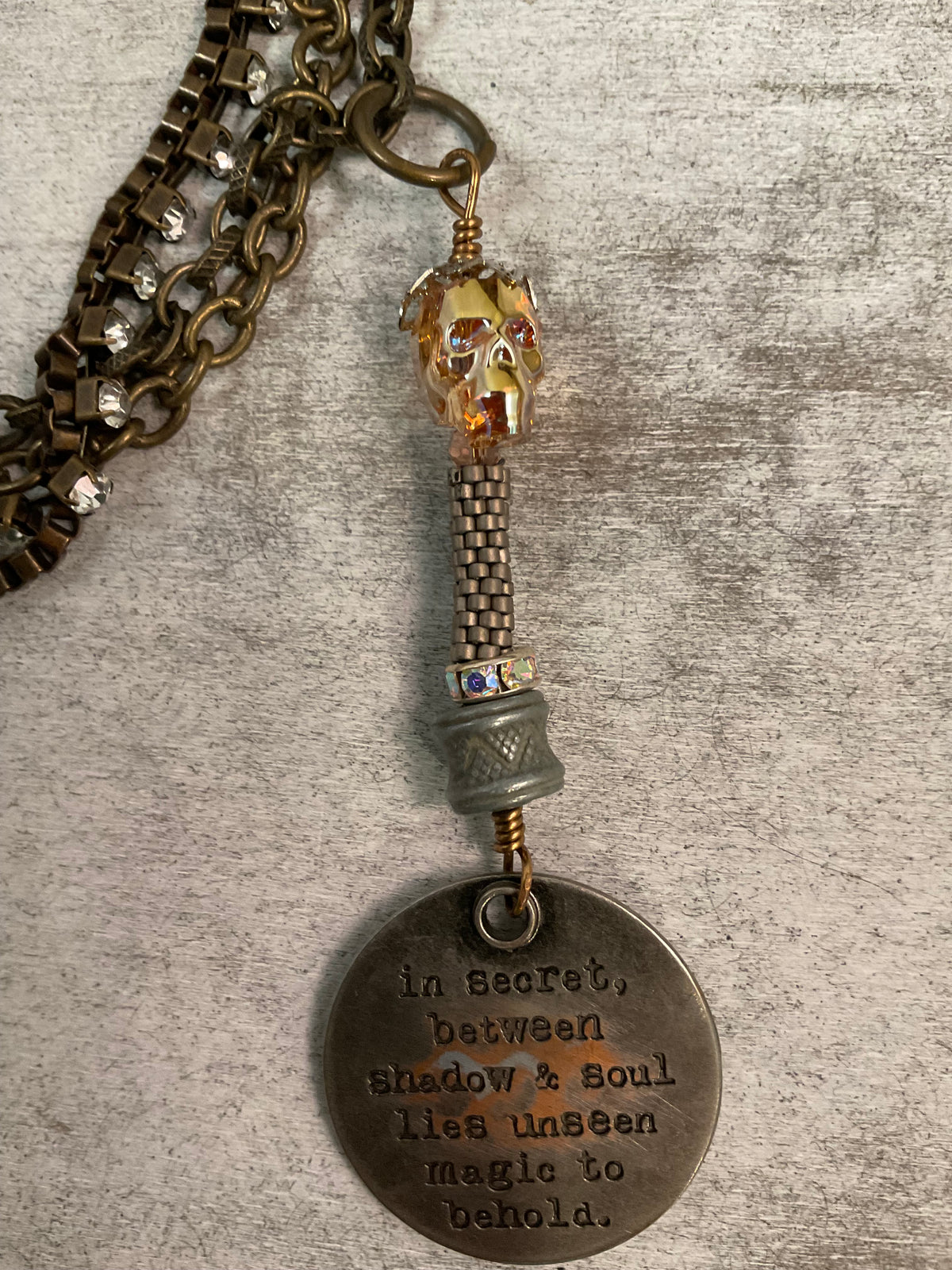 Handmade Four-Chain Skull Necklace with Swarovski Crystal, Peyote Stitch Bead & Stamped Medallions